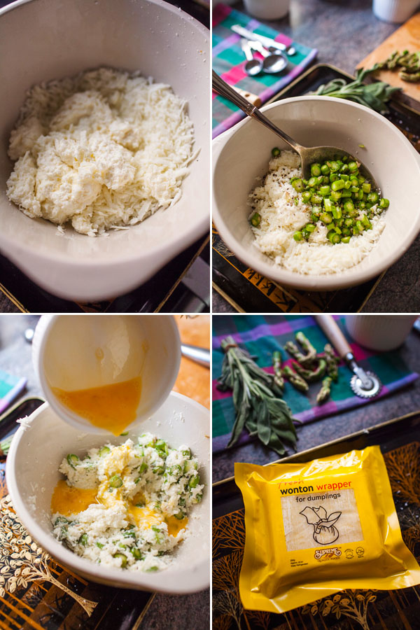 Mix together grated Haloumi, Ricotta, and sliced asparagus until combined then season to taste with salt & pepper