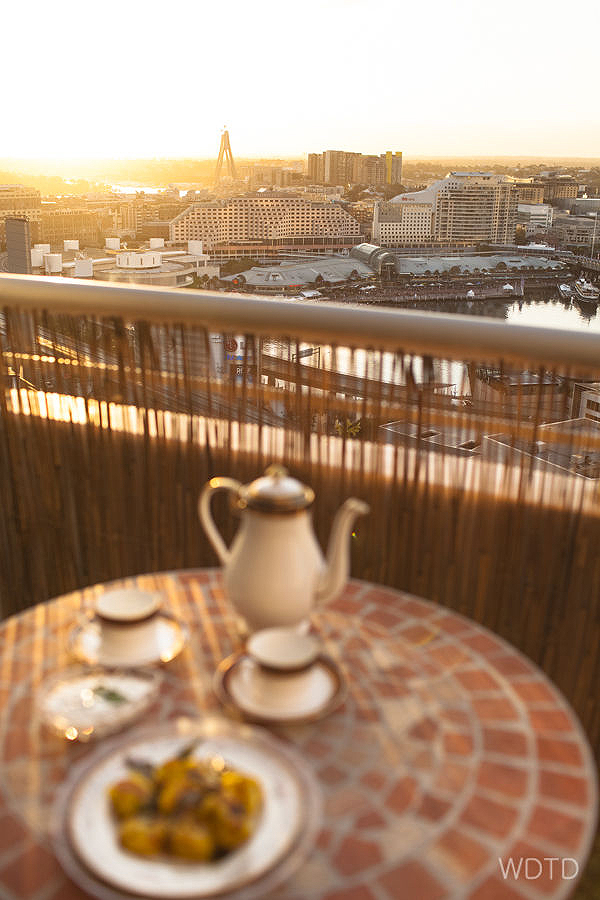 Afternoon tea delight of You Jung's home made dhokla and chai tea while admiring the view of Darling Harbour from her balcony. Bliss