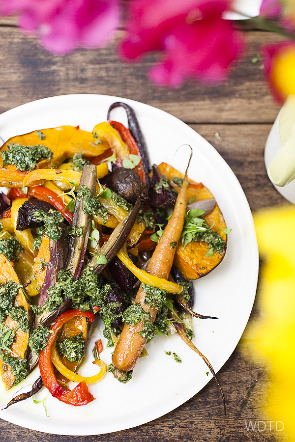 A view dash of pesto dressing brightens up a simple roasted vegetables dish